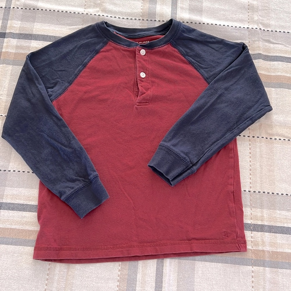 Janie And Jack Boys Long Sleeve Burgundy and Navy Blue Henley Shirt Size 6